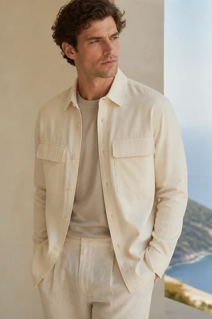A cream cotton shirt-jacket with flap pockets worn open over a neutral tee, paired with light linen trousers. The shirt jacket looks structured at the shoulders and slightly relaxed through the body.