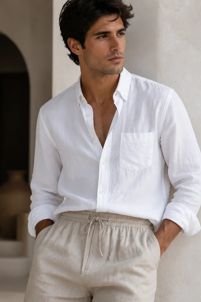 A crisp white cotton button-down worn slightly open at the collar, paired with beige linen drawstring pants. The pants drape naturally and have gathered fabric around the waistband.