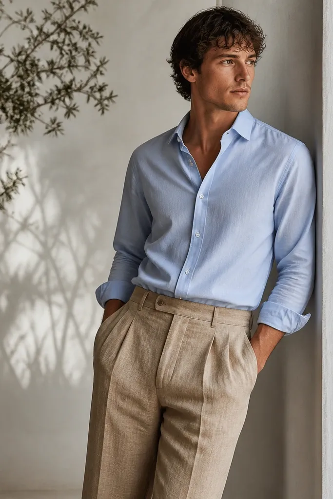 A light blue poplin shirt tucked into tan linen pleated trousers. The trousers show defined pleats at the waist, then relaxed linen texture through the leg.