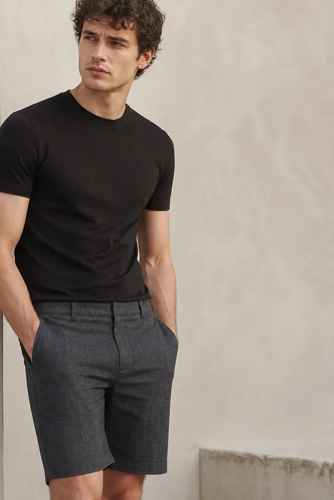 A fitted black cotton crewneck tee paired with charcoal linen shorts. The shorts show linen texture and a clean front with minimal visible wrinkles at the waistband.