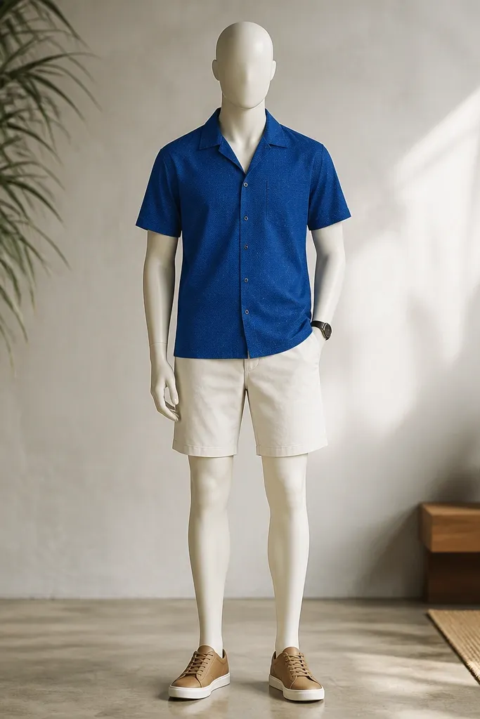 A men's outfit on a full-body mannequin: a cobalt blue short-sleeve camp collar shirt with a small tonal pattern, paired with off-white straight-fit chino shorts and tan leather low-top sneakers. A simple black watch sits on the wrist.