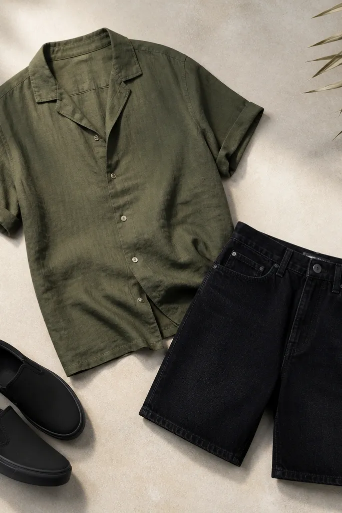 A laid-out outfit: an olive green linen-blend short-sleeve button-up with a relaxed collar, a pair of black straight denim shorts, and matte black slip-on sneakers. The shirt is half-buttoned.