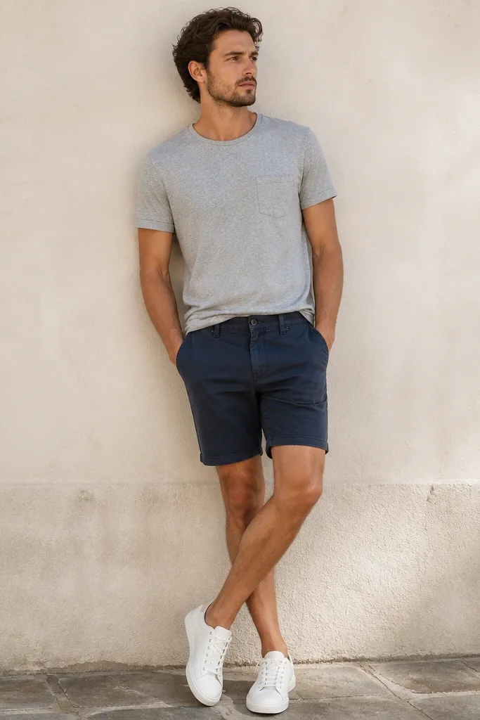 A simple street-style look: a heather gray crew-neck tee with a single left chest pocket, washed indigo shorts, and white leather sneakers. The shirt is tucked slightly in the front.