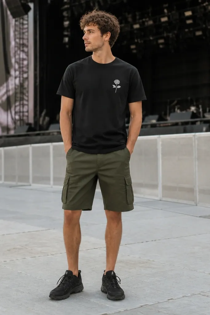 A concert-ready fit: a black crew-neck tee with a small chest graphic, olive utility shorts with side pockets, and black hiking-style sneakers.