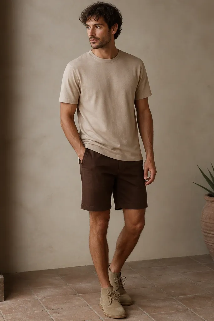 A warm-toned outfit: a sand-colored linen tee with a relaxed crew neck, chocolate brown chino shorts, and tan suede desert boots. The tee is untucked.