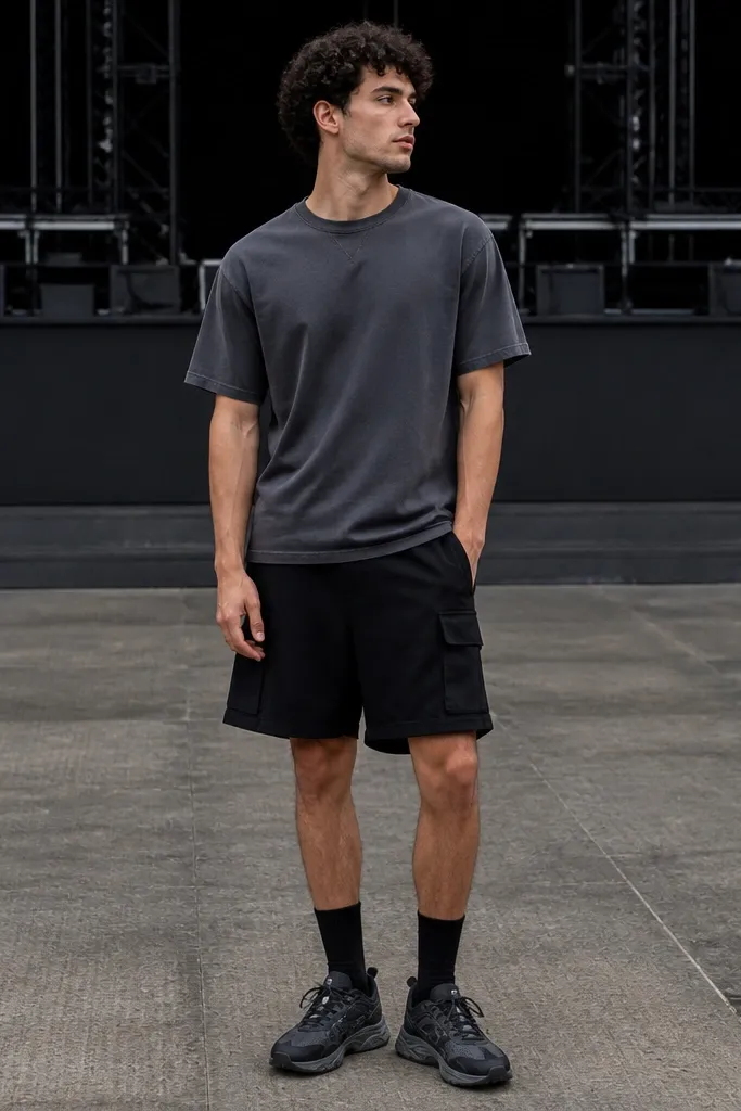A streetwear concert outfit: charcoal gray crew-neck tee, black cargo shorts with minimal pocket bulk, and black-and-gray running shoes. The shirt has a small neckline seam detail.