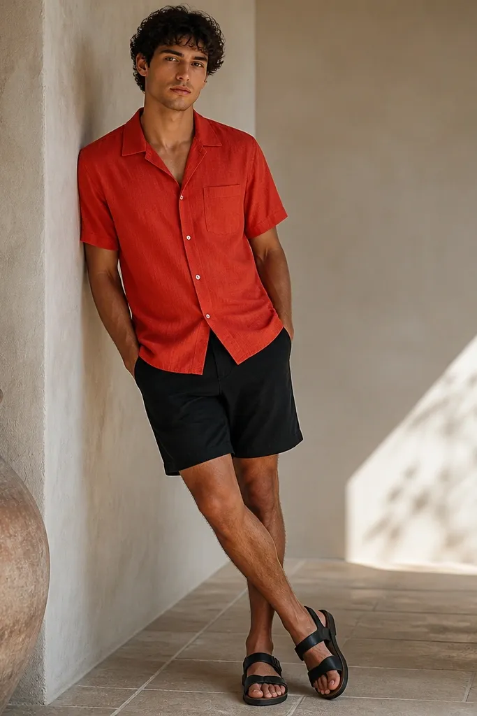 A bold but simple outfit: a red-orange short-sleeve shirt with a subtle texture, black straight-fit shorts, and black leather sandals with a strap.