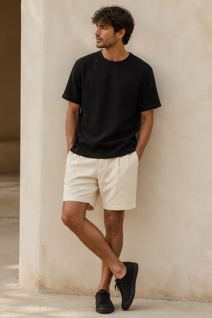 A minimalist summer fit: a black linen crew-neck tee, cream shorts, and black low-top sneakers. The tee hangs naturally with visible linen texture.