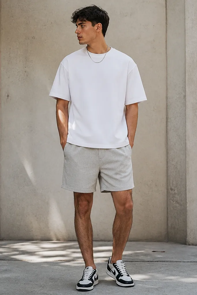 A thick white crew-neck tee with a slightly boxy fit paired with light gray shorts with a straight cut. Minimal branding, black-and-white sneakers, and a simple chain necklace.