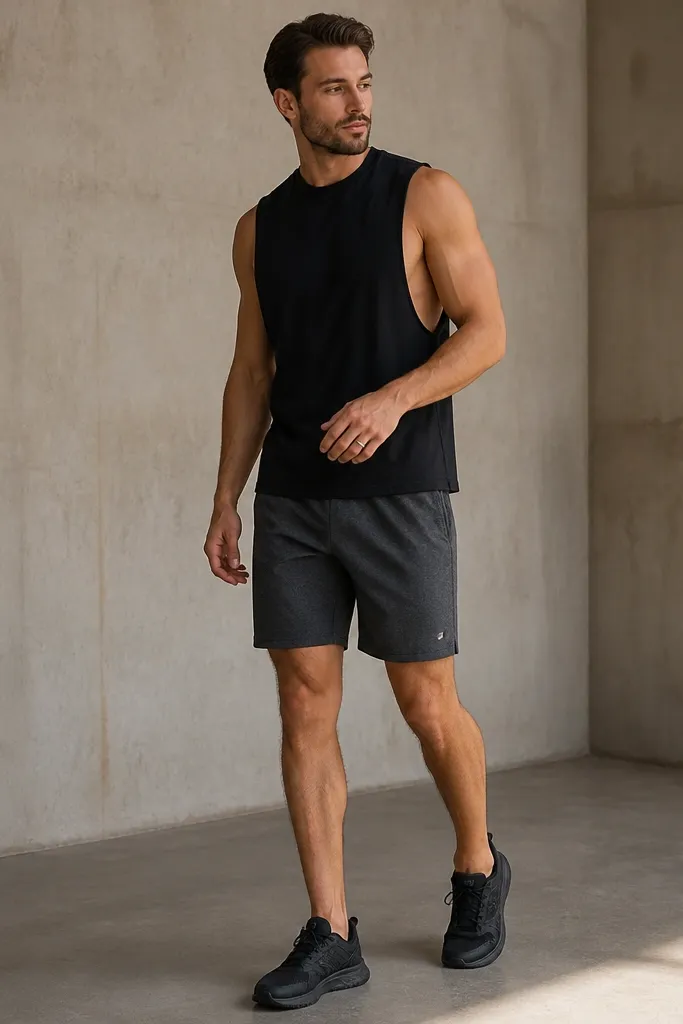 A black sleeveless athletic tank with a wide arm opening paired with charcoal stretch shorts. The shorts have a clean waistband and a matte finish. Black trainers and a silver ring visible.