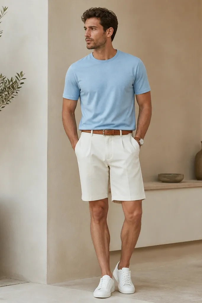 A sky blue crew-neck tee paired with off-white shorts that have a subtle pleat-like front and clean tailoring. Light brown belt, white sneakers, and a watch with a tan strap.