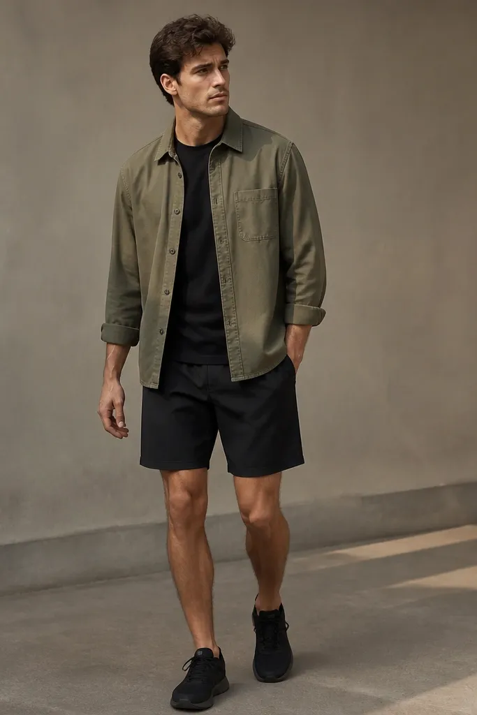An olive overshirt worn unbuttoned over a black tee, paired with black athletic shorts. The overshirt has a visible chest pocket and a matte, canvas-like texture. All-black sneakers.