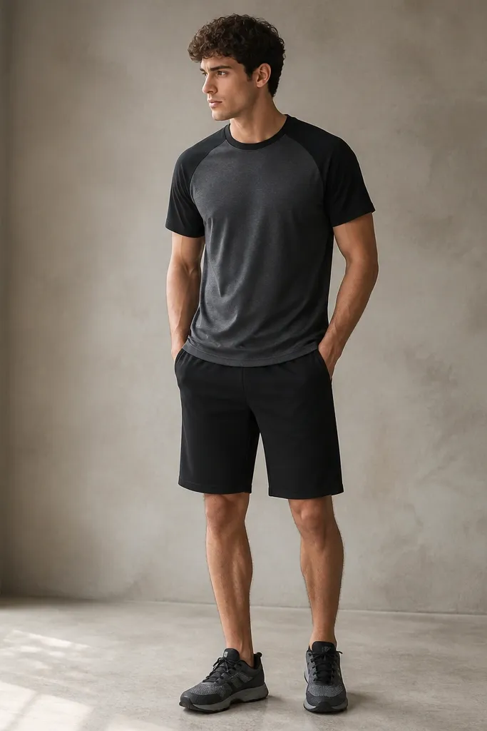 A charcoal raglan tee with contrast sleeves paired with black shorts that are longer, near knee length. The shorts have a smooth waistband and minimal seams. Black-and-gray trainers.