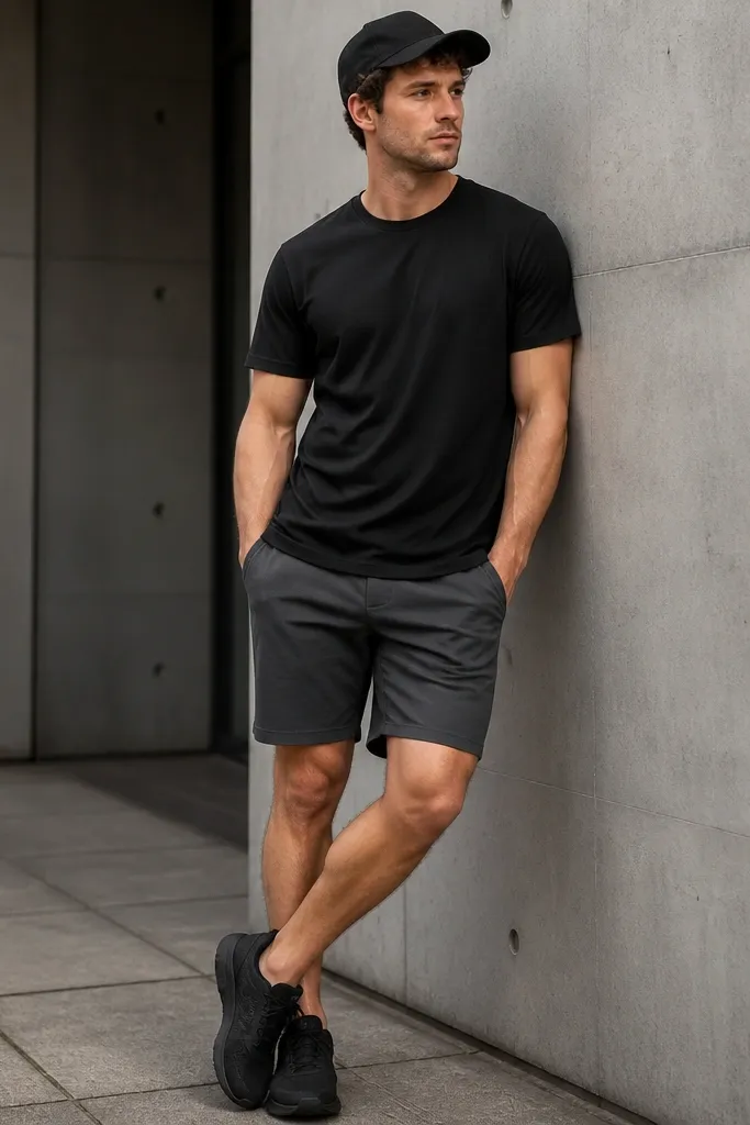 A black crew-neck tee paired with gray tonal shorts. The shorts match the tee in darkness but differ slightly in shade. A black baseball cap and black sneakers finish the look.