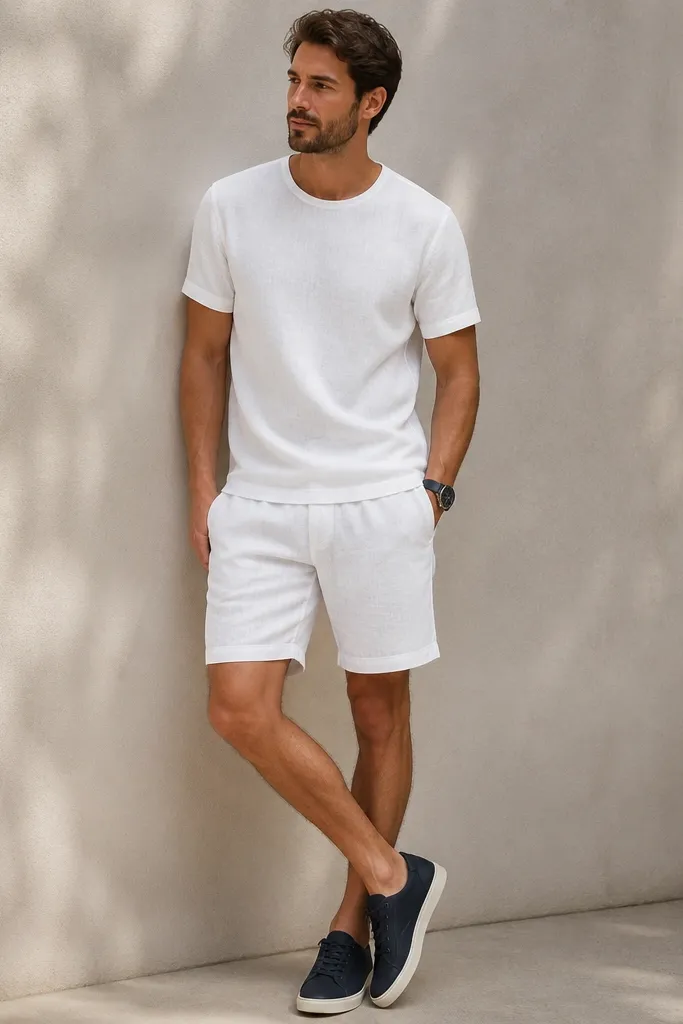 A white linen-blend short set with a slightly relaxed tee and matching shorts. The fabric shows subtle weave texture. Navy sneakers and a navy watch strap.