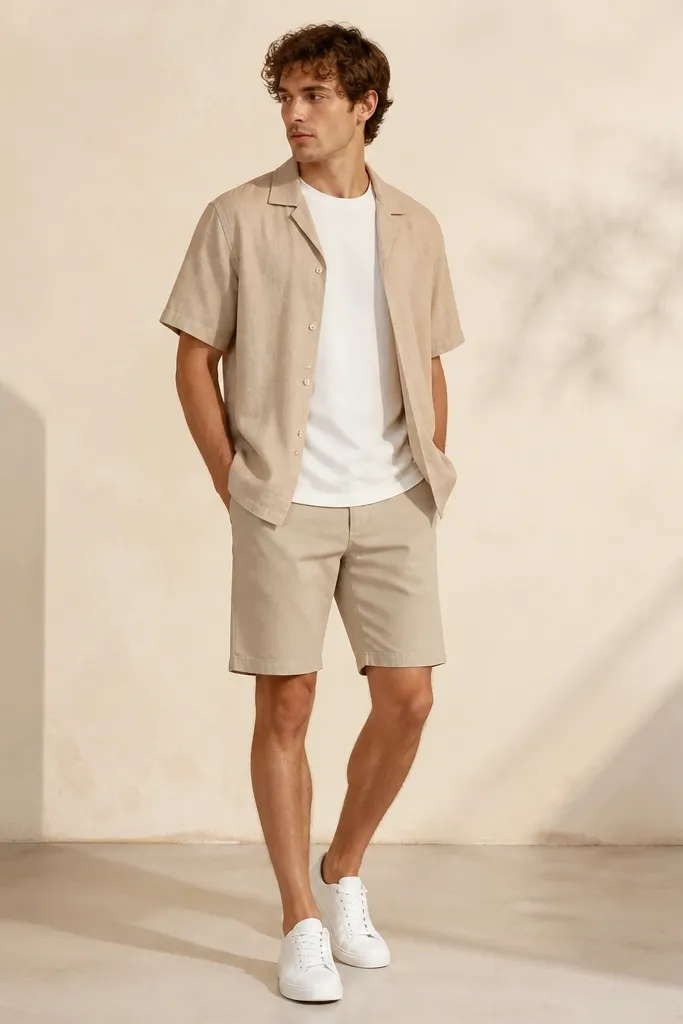 A beige garment-washed linen camp-collar shirt with short sleeves, worn unbuttoned over a plain white tee, paired with stone-colored flat-front shorts that end just above the knee and white low-top sneakers.