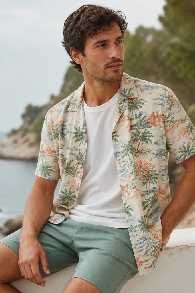 A multicolor camp-collar shirt with a small tropical print, worn open over a plain white tee, paired with solid shorts in one of the shirt's mid-tone colors.