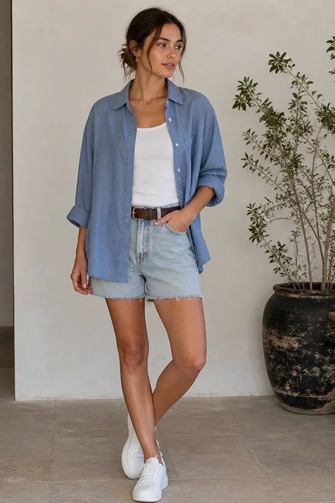 A mid-blue chambray button-up worn untucked over a white tank, paired with light wash straight denim shorts and brown leather belt, with white sneakers.