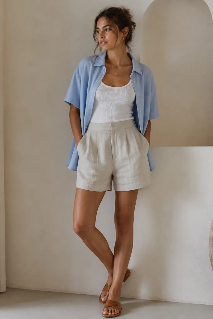 A white ribbed tank tucked into linen-blend shorts, with a short overshirt in pale blue worn open, plus tan sandals.