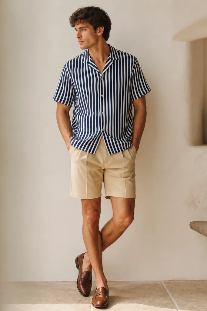 A navy-and-white striped short-sleeve shirt, worn untucked, paired with beige pleated shorts and brown loafers.