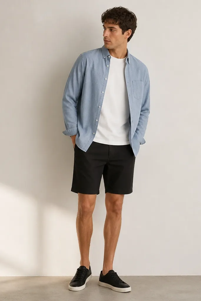 A light blue chambray overshirt worn open over a white crew tee, paired with black chino shorts and black low-top sneakers.