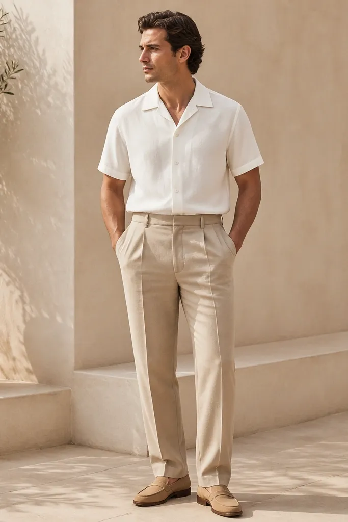 Man wearing an ivory short-sleeve poplin button-up with a relaxed collar and visible buttons, paired with stone-beige pleated trousers. The trousers sit at the waist with a clean straight leg and a single subtle break over light tan leather loafers.