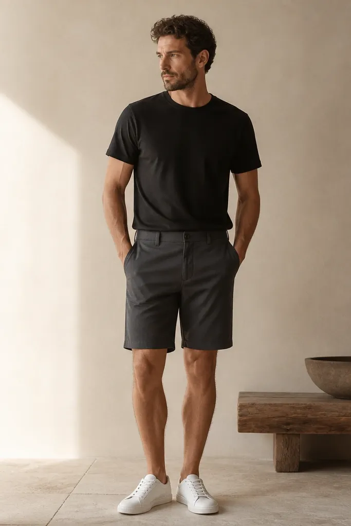 Close-to-mid shot of a man in a black slub-texture crewneck tee tucked slightly into graphite chino shorts. The shorts have a straight cut, no flashy hardware, and the outfit is finished with low-profile white sneakers.