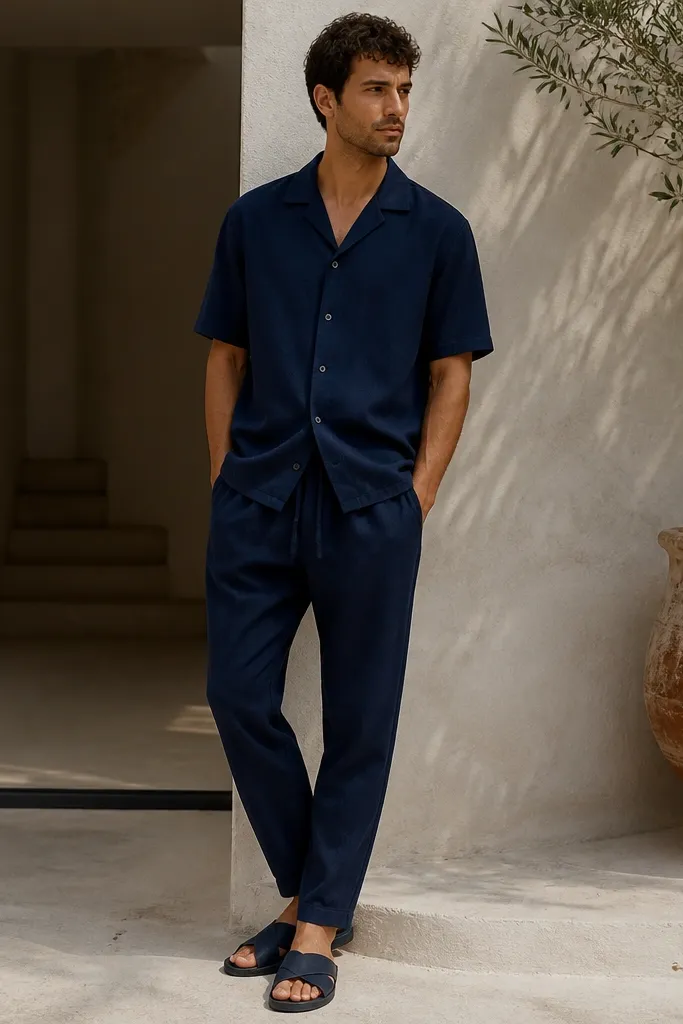 Man wearing a navy camp-collar shirt in a linen blend, with short sleeves and a relaxed fit. He pairs it with matching navy drawstring trousers that taper slightly at the ankle. He wears dark sandals or minimalist slides.
