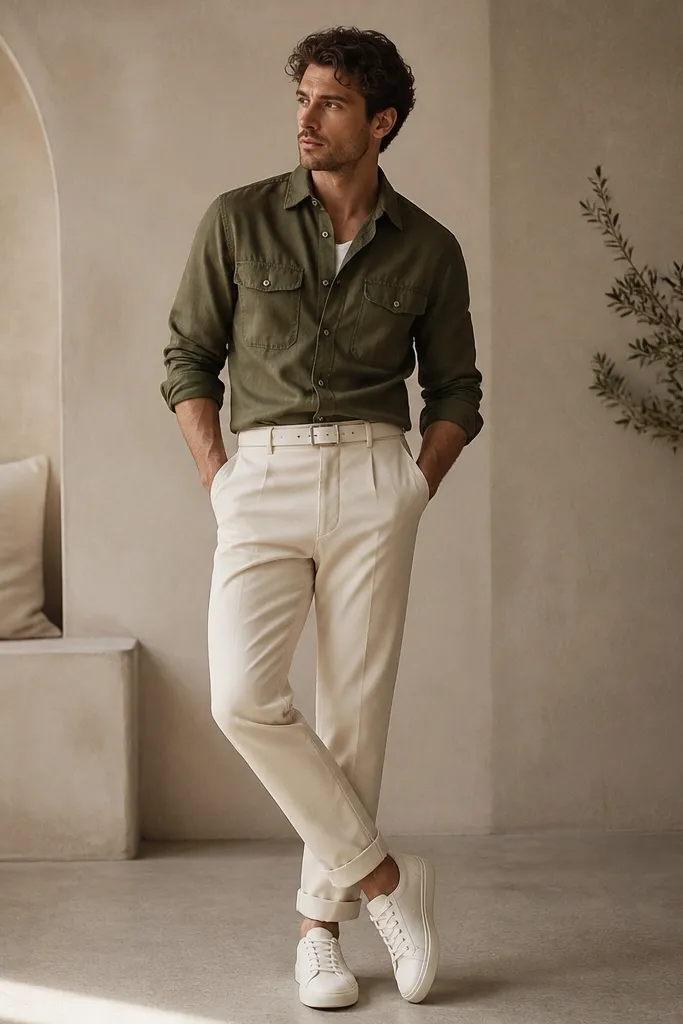 A man in an olive overshirt with two chest pockets and rolled sleeves, paired with ecru tapered trousers. The outfit is styled with a white belt and off-white low-top sneakers.