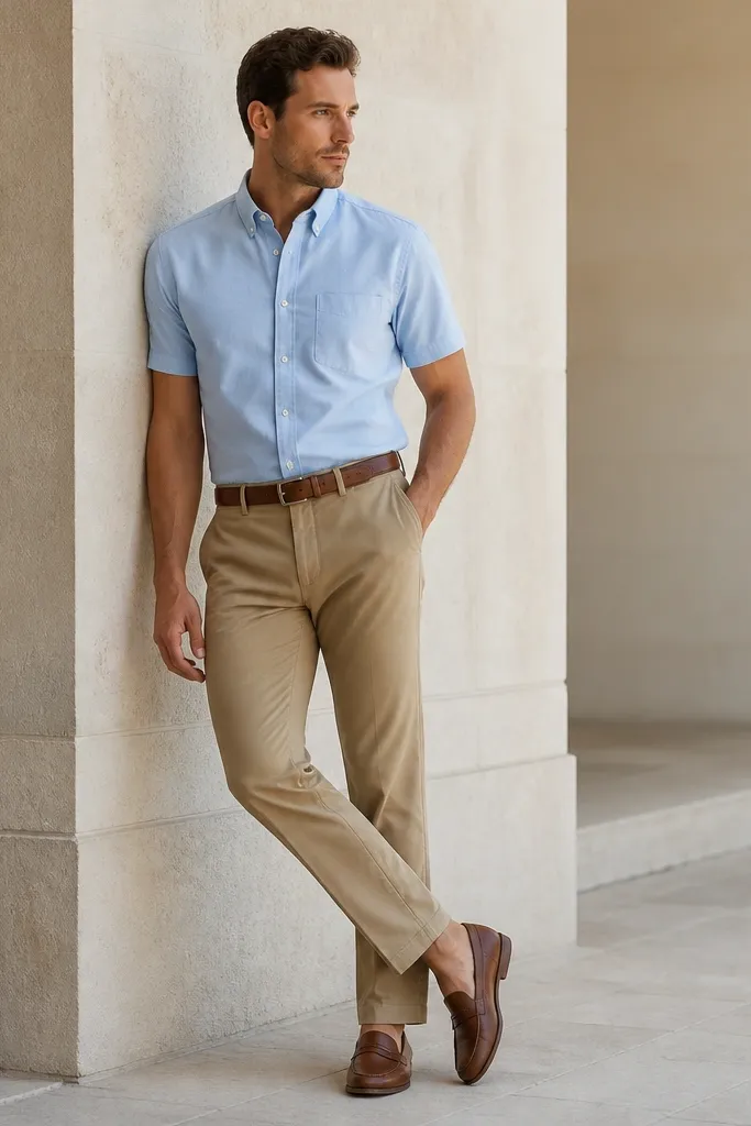 Man wearing a light powder blue short-sleeve oxford button-down with a structured collar. He pairs it with tan straight-leg chinos and brown leather belt and beltless-looking simple loafers.