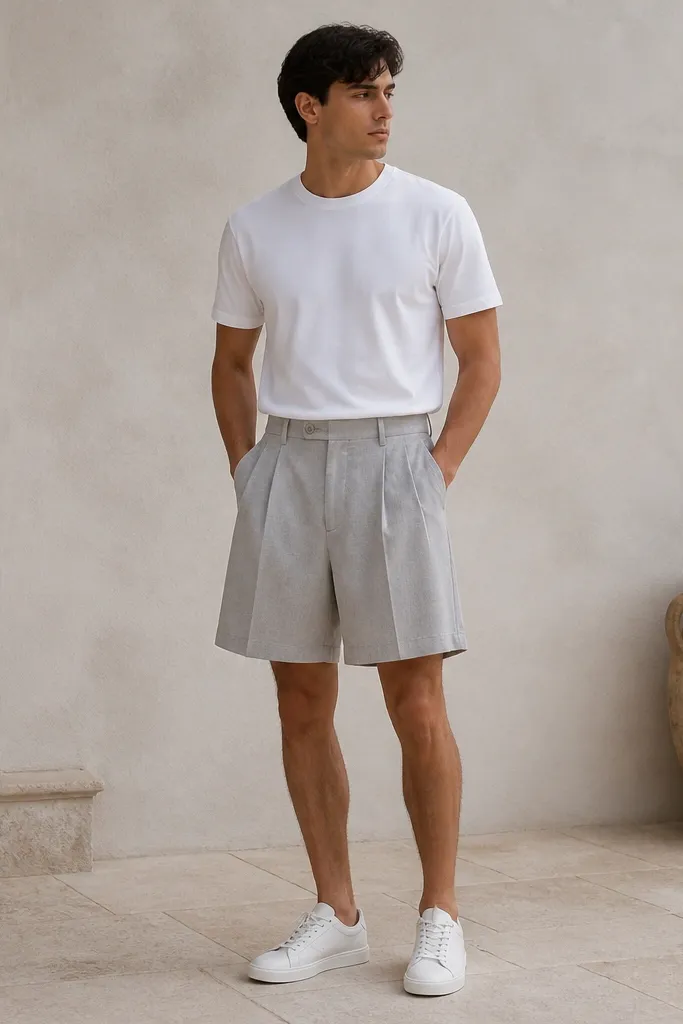 A clean outfit photo: white heavyweight crewneck tee paired with light gray pleated shorts. The shorts sit at the waist and fall in soft folds, finished with white sneakers.