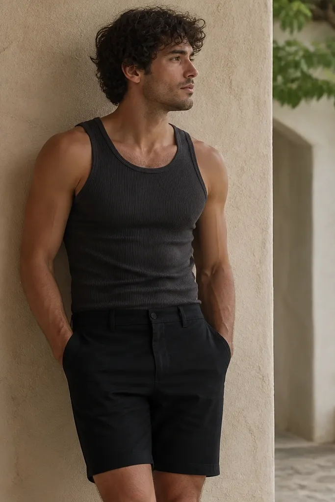 A man wearing a charcoal ribbed tank top paired with black twill shorts that have no cargo pockets. The shorts have a straight leg and a clean waistband with a simple closure.