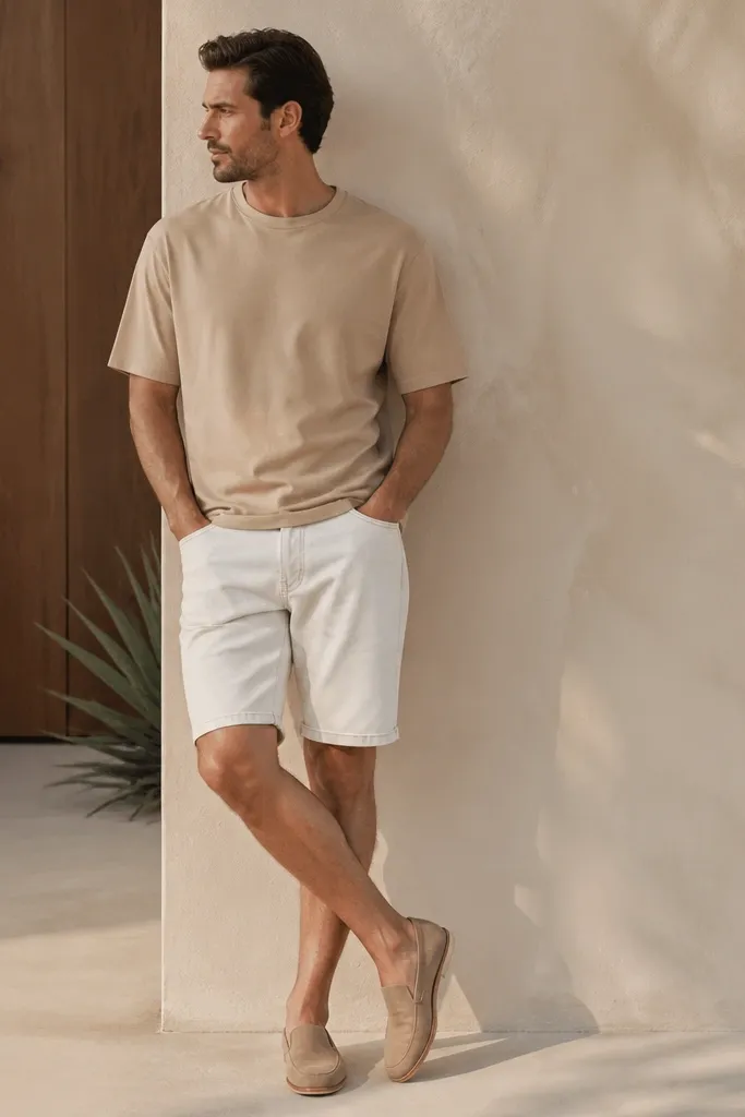 Man in a sand-colored t-shirt paired with light-wash white denim shorts. The shorts have a five-pocket layout but a clean, straight cut. He wears tan suede slip-ons.