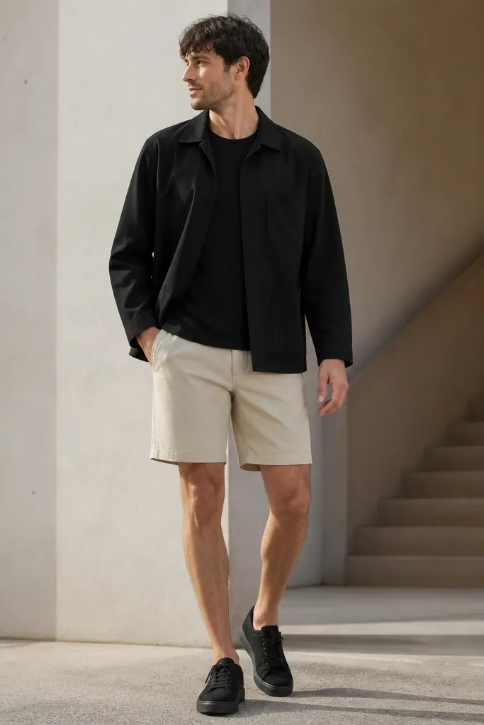 Man in an unlined black chore jacket with a clean front and minimal hardware, worn open over a black tee. He pairs it with beige cargo-free shorts and black sneakers.