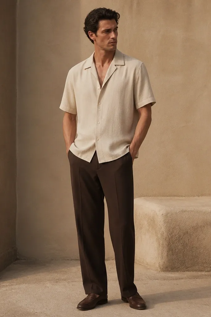 Man wearing an ecru short-sleeve overshirt with button closure and a relaxed fit. He pairs it with dark brown straight-leg trousers and brown leather loafers. The outfit looks monochrome-warm with minimal contrast.