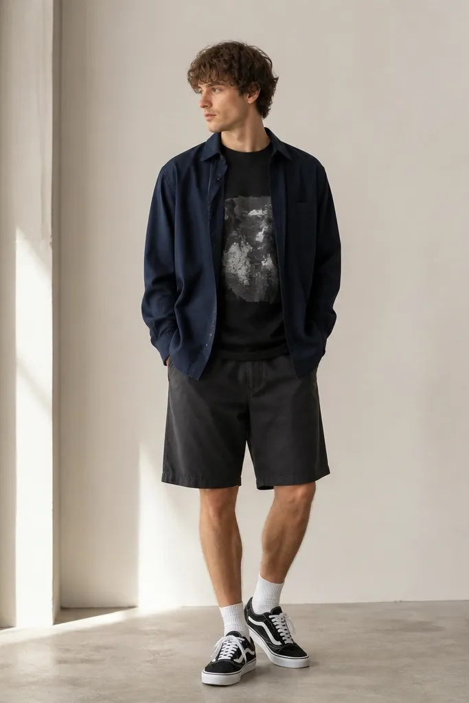 A navy tencel overshirt worn open over a simple dark graphic tee. Charcoal shorts and black-and-white sneakers are visible.