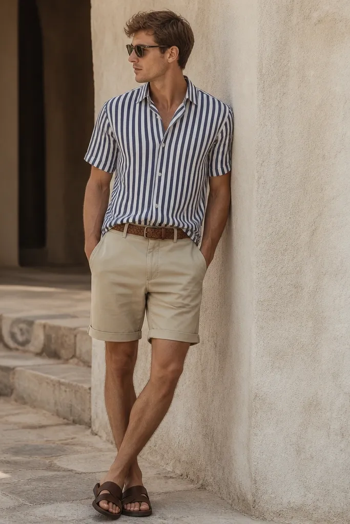 A short-sleeve striped button-up in navy and white, paired with light khaki cuffed shorts. Leather sandals with a single strap and a woven belt are shown.