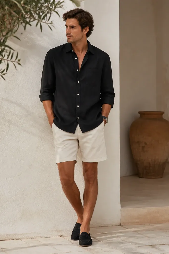 A black linen-blend button-up with sleeves rolled, worn untucked with cream shorts. Black slip-on loafers and a black watch are visible.