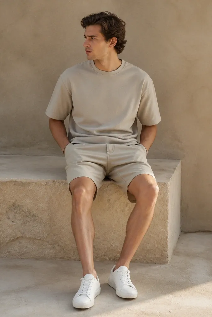 A stone-colored crewneck t-shirt paired with matching tonal shorts in a slightly warmer beige. White canvas sneakers and a minimal bracelet are visible.
