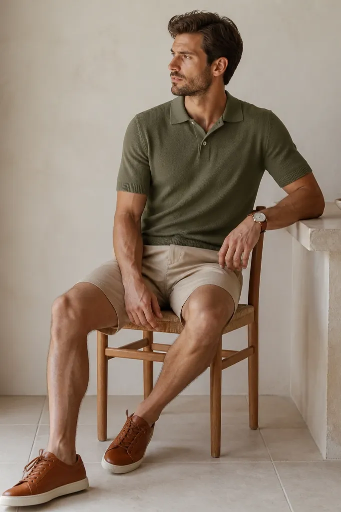 An olive knit polo with a ribbed collar and cuffs worn with tan chino shorts. Cognac leather sneakers and a simple watch are visible.