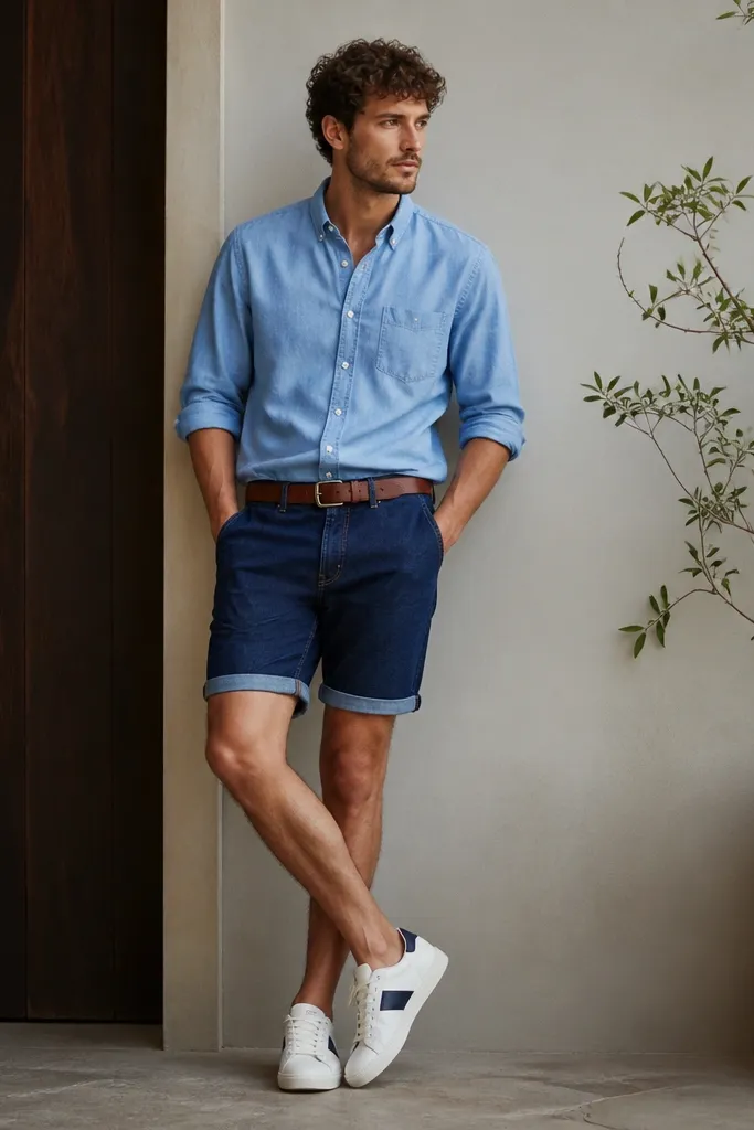 A light chambray button-up worn sleeves rolled, paired with dark indigo denim shorts. White-and-navy sneakers and a leather belt are shown.