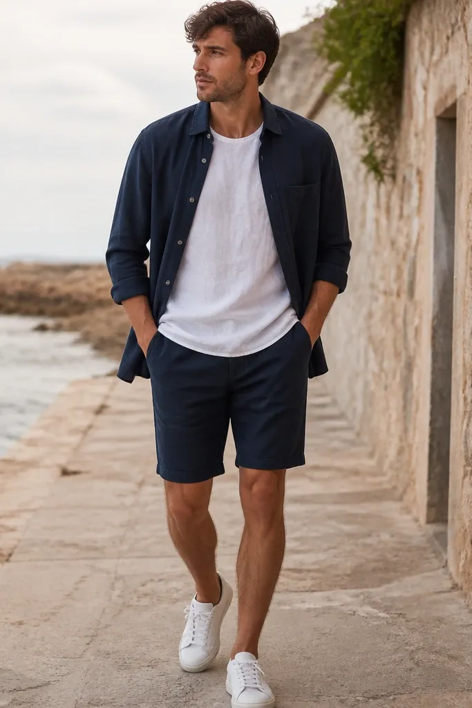 A white linen tee worn under a navy lightweight overshirt worn open. Navy shorts and white sneakers are visible.