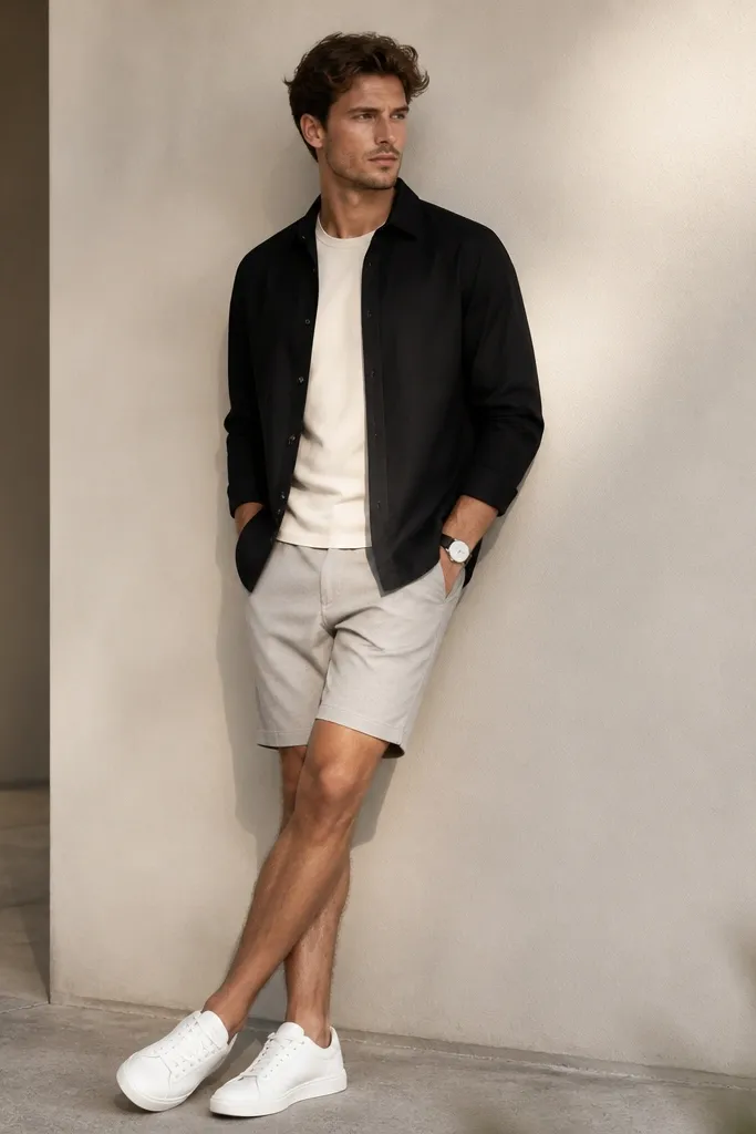A model layering a black cotton overshirt over an ecru crew-neck tee, with light grey shorts. White sneakers and a simple watch are visible.