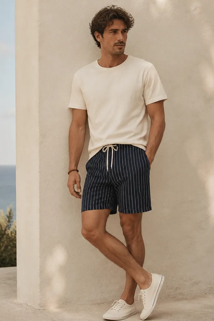 A model wearing a cream crew-neck tee with navy striped drawstring shorts. Plain canvas sneakers and a woven bracelet are visible.