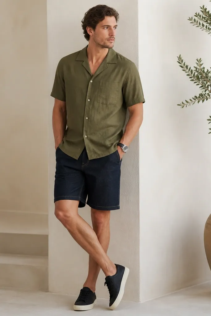 A model wearing an olive camp-collar short-sleeve shirt, paired with dark indigo denim shorts. A leather watch and black low-top sneakers are shown.