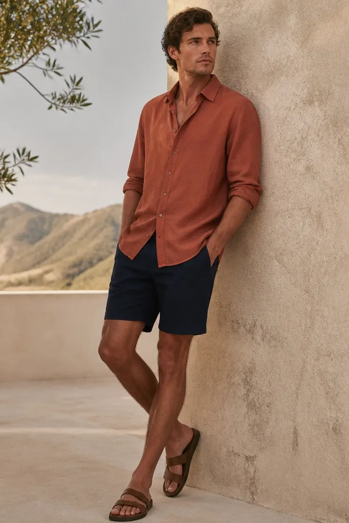 A model wearing a rust-colored linen shirt with a relaxed fit, paired with navy shorts that have a slightly longer inseam. Brown leather sandals are shown.