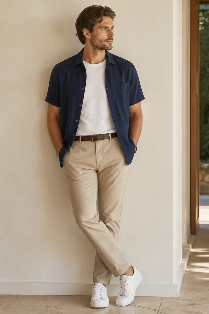 A navy short-sleeve linen button-up worn open over a white tee, matched with sand-colored chinos; a belt with a simple buckle and white sneakers.