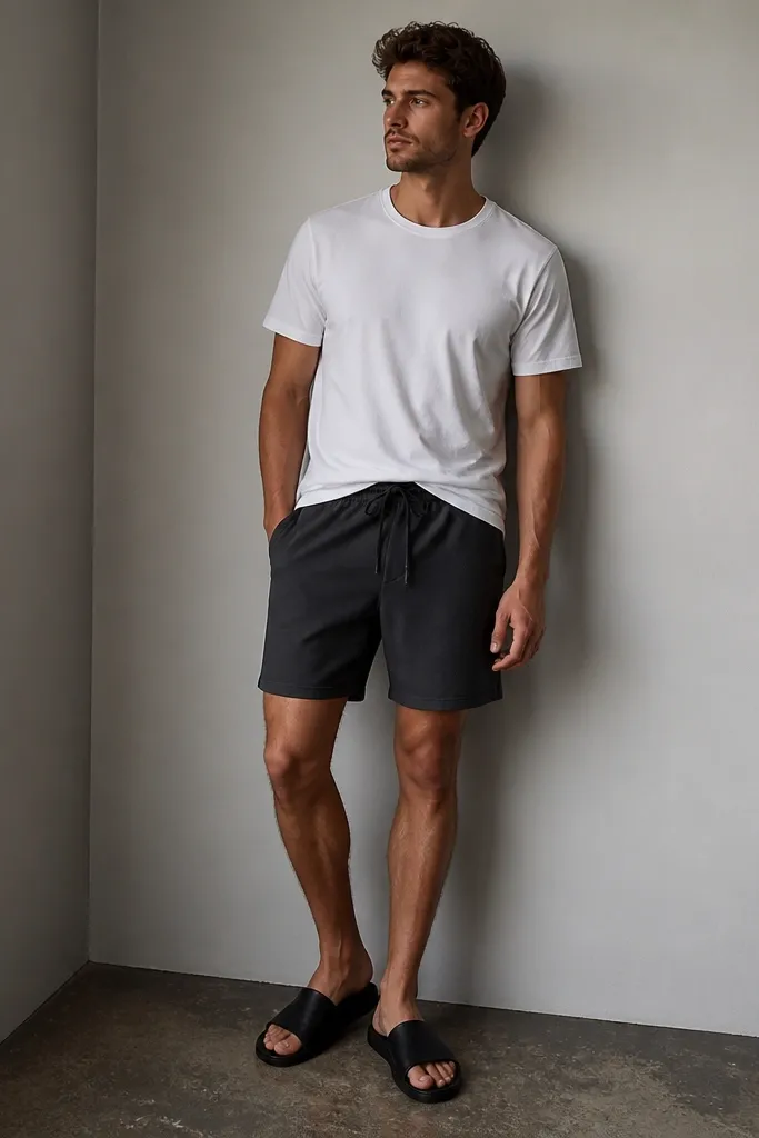 A plain white crew-neck tee tucked slightly into charcoal drawstring shorts; black slide sandals; minimal outfit in a small room corner.