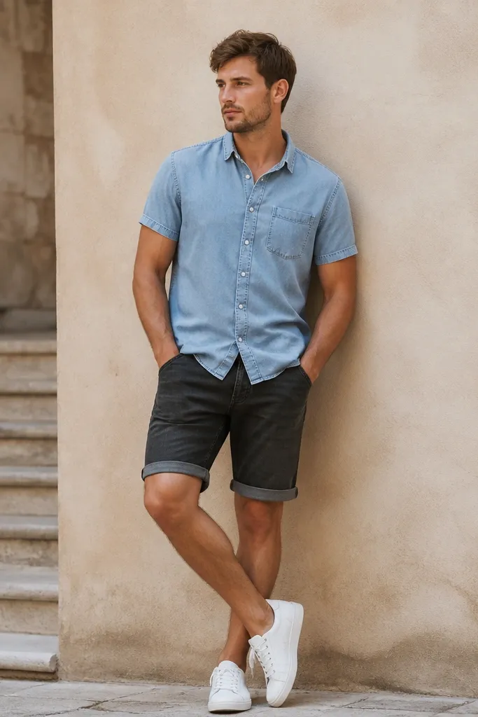 A light blue chambray short-sleeve shirt with visible seams paired with washed black shorts; cuffed hem and white low-top sneakers.