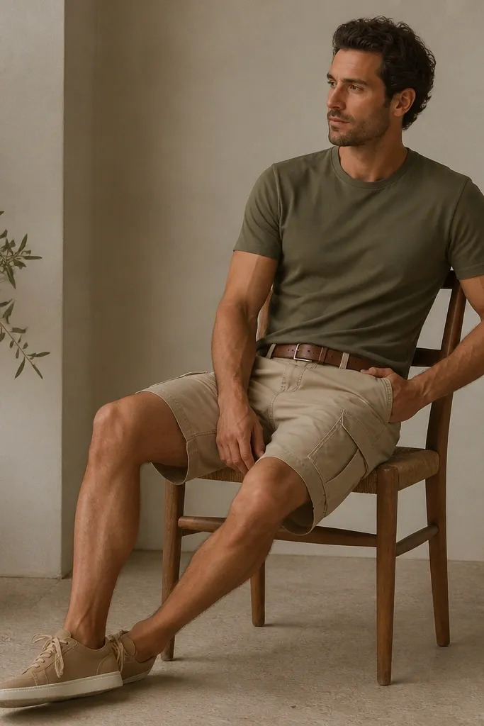 A muted olive short-sleeve tee with beige cargo shorts that have two main pockets only; brown belt; tan sneakers.